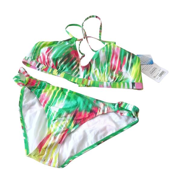 Athleta Wailea Scoop Crisscross Green Pink Striped‎ Bikini Size L/XL